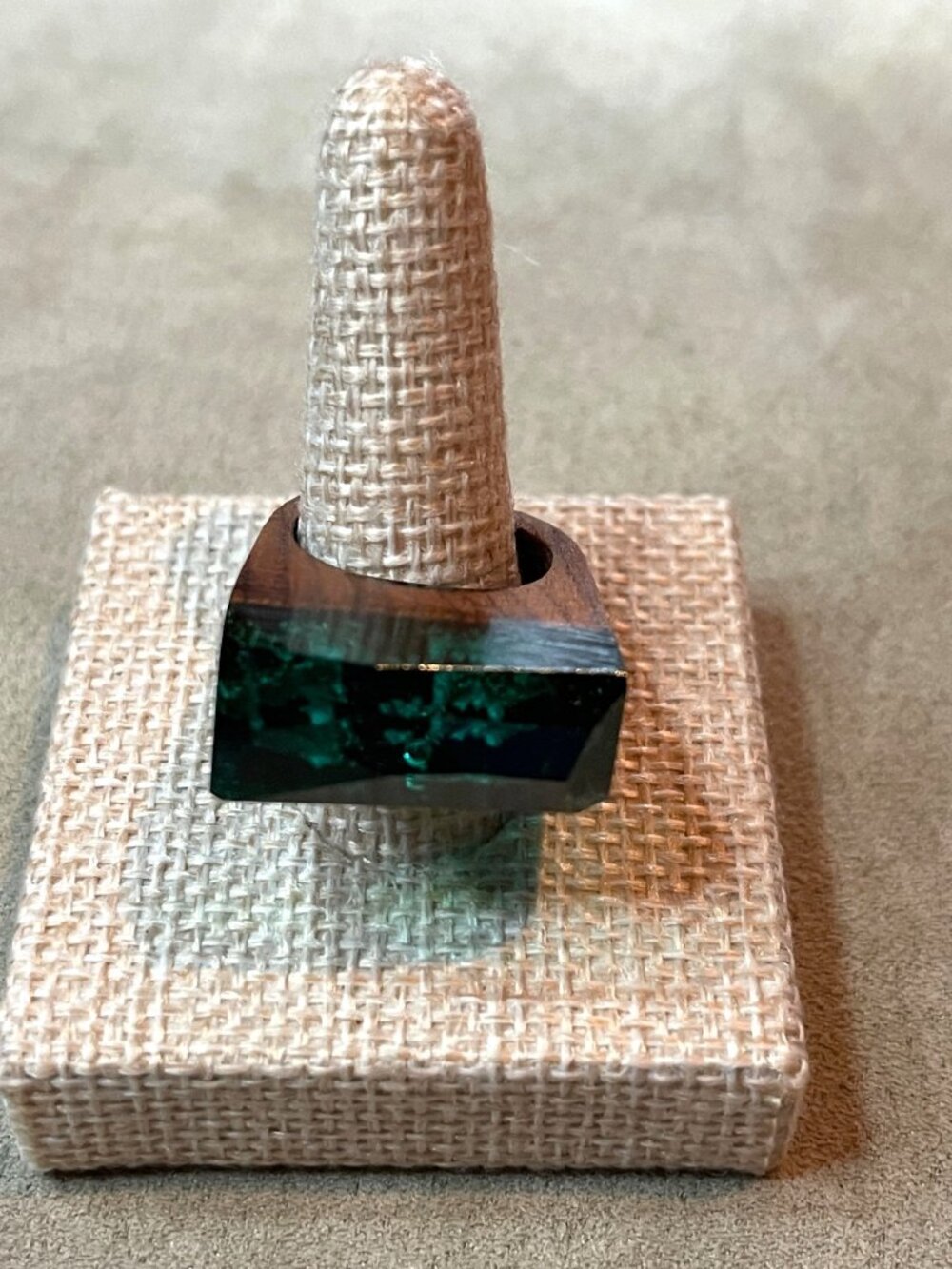 Handcrafted Natural Wood Faceted Emerald Green Epoxy Resin Ring Size 7